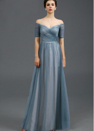 Off Shoulder Gray Blue Tulle Pleated Long Evening Dress